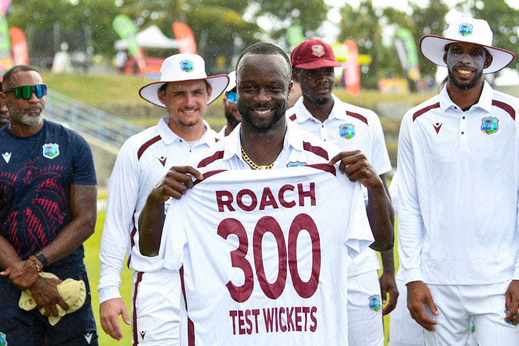 Kemar Roach of West Indies celebrates 300 test wicket at the end of the fourth day of the 1st cricket Test match between West Indies and Sri Lanka at Sir Vivian Richards Stadium in North Sound, Antigua and Barbuda, on June 28, 2026. (Photo by Randy Brooks / AFP via Getty Images)