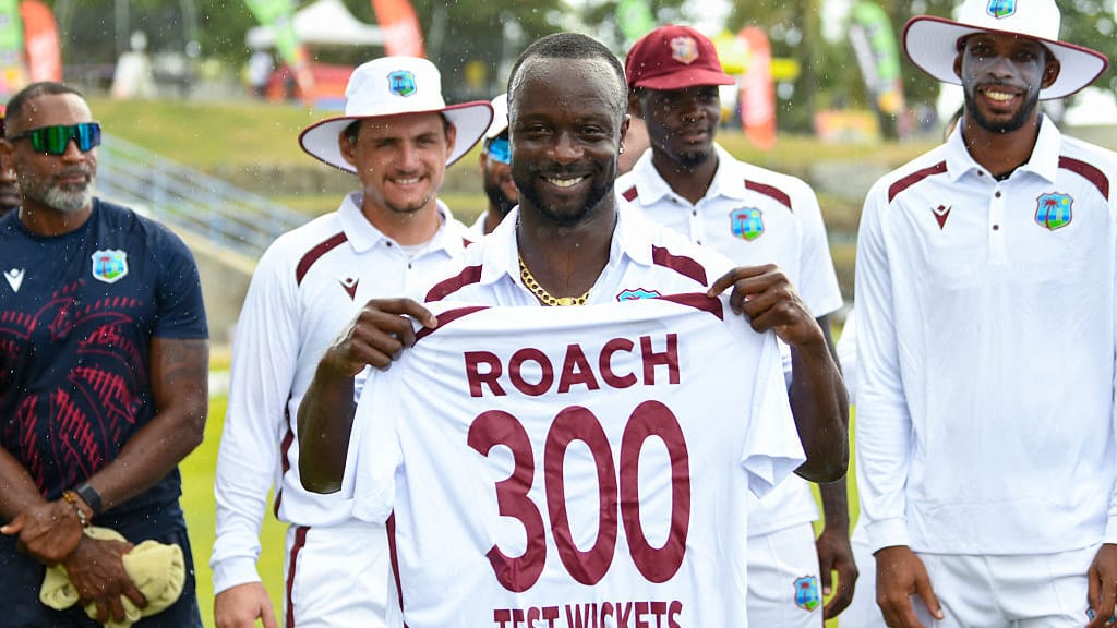Kemar Roach of West Indies celebrates 300 test wicket at the end of the fourth day of the 1st cricket Test match between West Indies and Sri Lanka at Sir Vivian Richards Stadium in North Sound, Antigua and Barbuda, on June 28, 2026. (Photo by Randy Brooks / AFP via Getty Images)